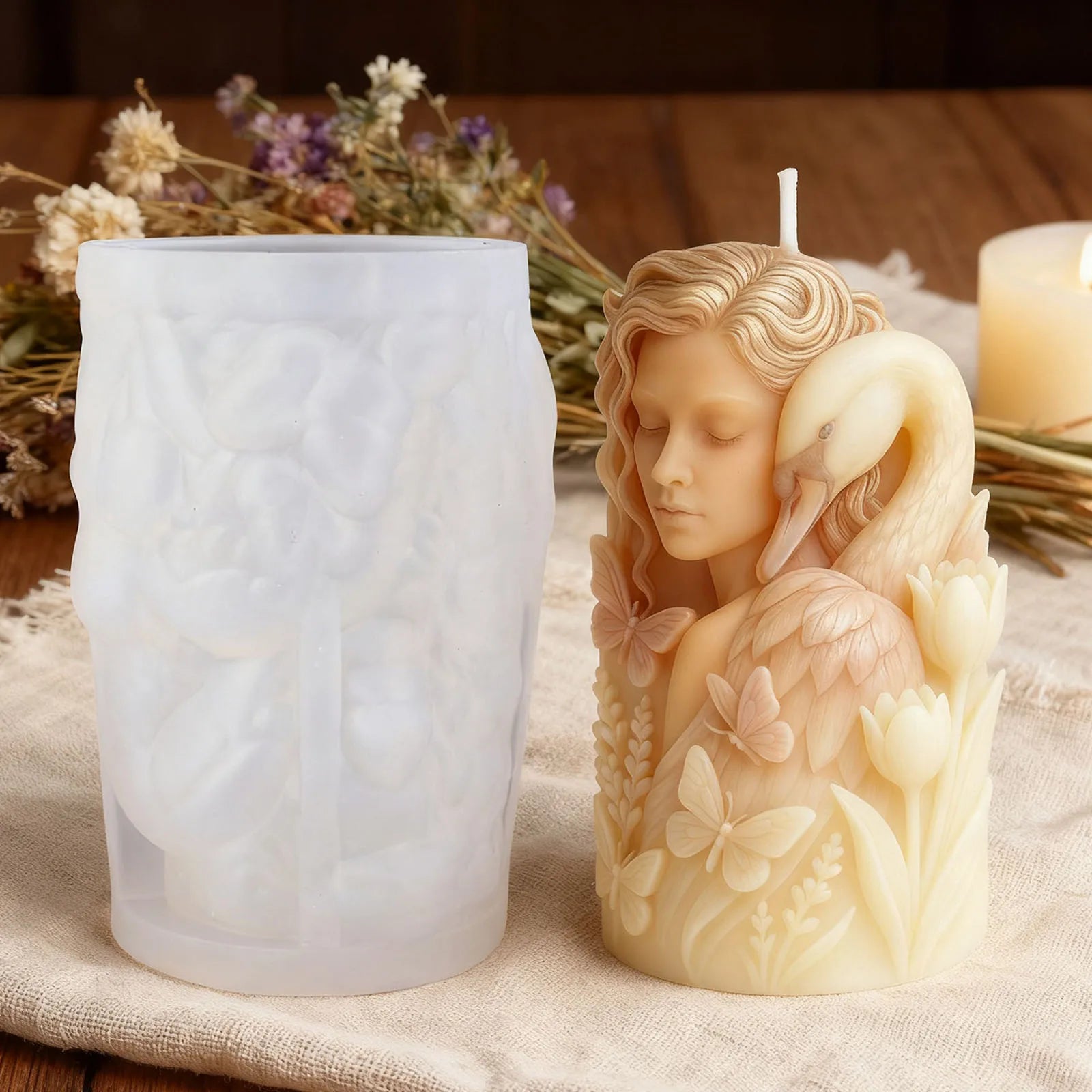 Elegant swan goddess candle mold, durable and reusable silicone mold, suitable for home décor and Christmas decorations. Elegant swan goddess candle mold, durable and reusable silicone mold, suitable for home décor and Christmas decorations.